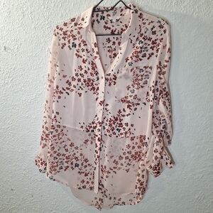 Candie's Pink Floral Gold Button Down Shirt Size Large Sheer Loghtweight Layered